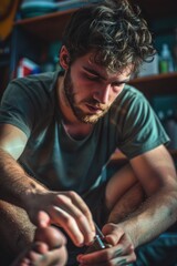 Obraz premium Man using cell phone on floor
