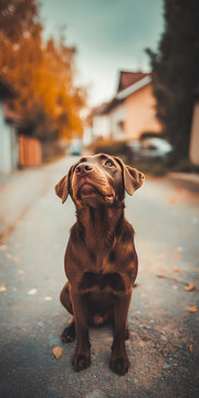 Labrador obediente sentado e olhando para cima
