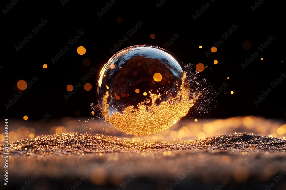Poster a sparkling bubble floats gracefully above a shimmering surface, illuminated by warm golden lights i