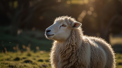 Obraz premium A white sheep with a fluffy coat stands in a green grassy field, gazing up at the sun.