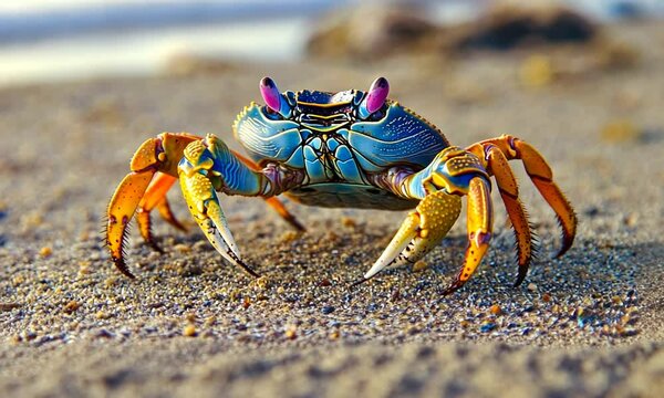 Close-up of a brightly colored crab on the sand