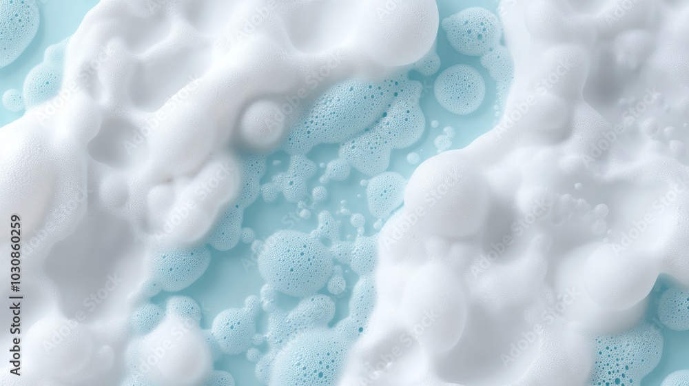 Poster foamy bubbles on a light blue surface create a tranquil and refreshing mood in a close-up compositio