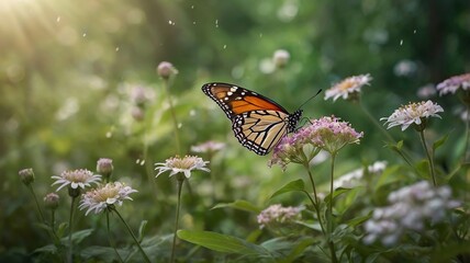 A photograph of natural scene of  butterfly and flowers with blurry background
