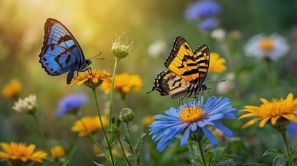 Obraz premium A photograph of natural scene of butterfly and flowers with blurry background