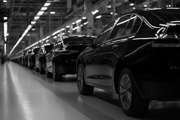 Black cars lined up in an automotive factory during a busy production day