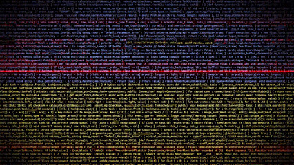 Binary code on flag of Ukraine. Program source code or Hacker concept on Ukrainian flag. Ukraine...