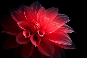 A close up of single Dahlia flower petal made from red neon glow light isolated on dark background