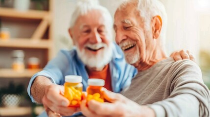 Two Senior Men Holding Medicine Bottles and Smiling