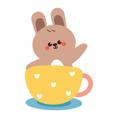 hand drawing cartoon bunny inside a yellow cup. cute animal drawing, doodle