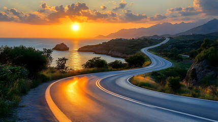 Serene coastal road at sunset with mountains in the background.