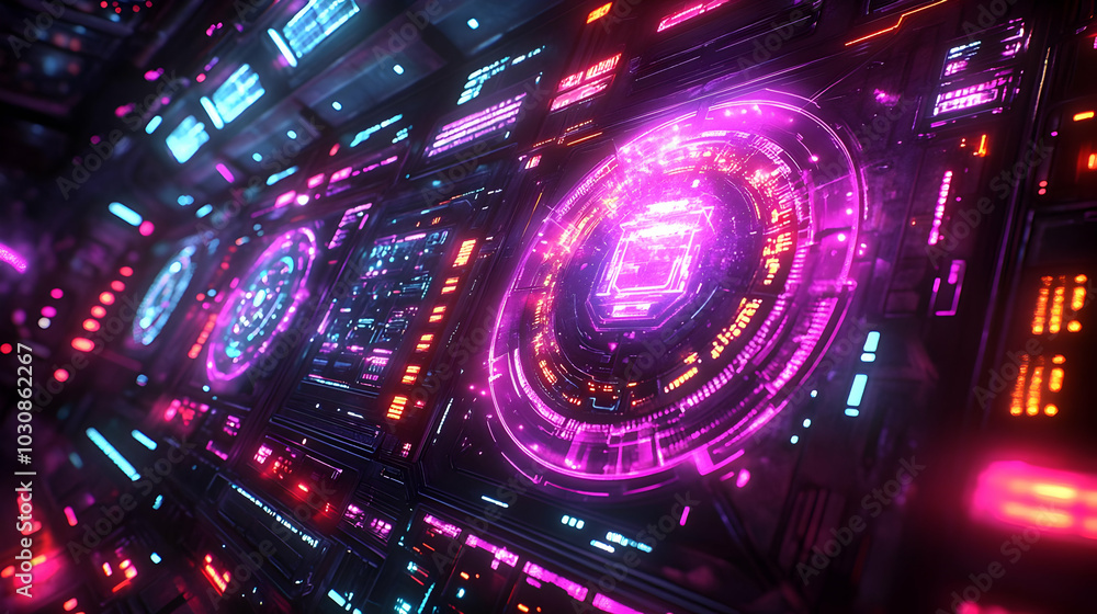 Poster abstract digital interface with vibrant neon lights and patterns.