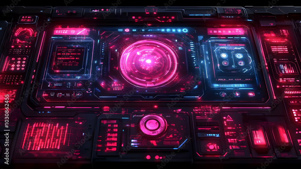 Aufkleber futuristic control panel with glowing elements and data displays.