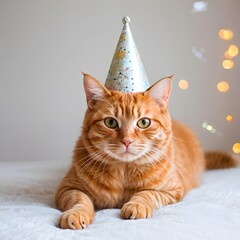 ginger cat with a party hat