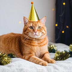 ginger cat with a party hat