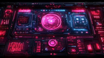 Futuristic control panel with glowing elements and data displays.