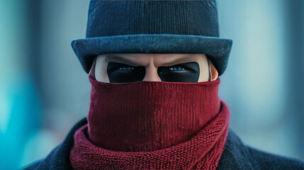 Obraz premium A mysterious man wearing a hat and scarf, with only his piercing blue eyes visible.