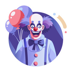 A flat illustration of a scary clown holding balloons 