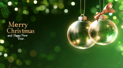 Merry Christmas and Happy New Year banner.  Christmas ornament made of two glass trinkets hangs on a ribbon. Glowing side lights on a bright green background.