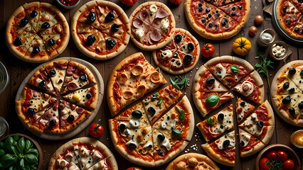 Kinds of pizza on a wooden table seen from above