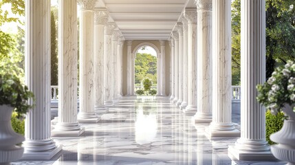 Fototapeta premium A grand marble corridor with intricate white columns bathed in soft sunlight, symbolizing classical architecture, luxury, and timeless elegance. Ideal for themes of historical structures.