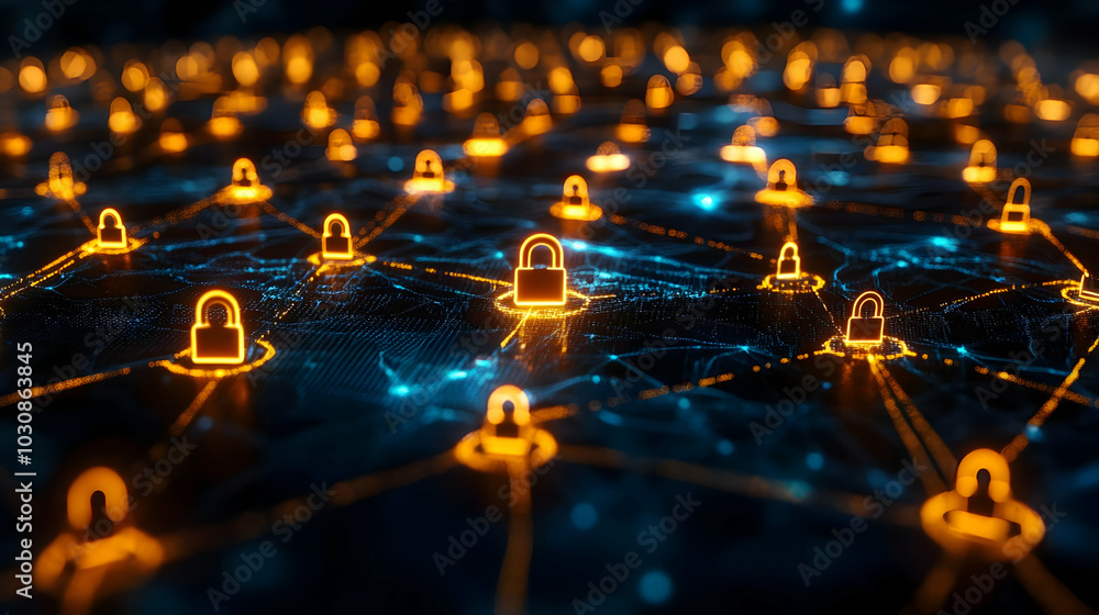 Aufkleber digital network with padlock icons representing cybersecurity.