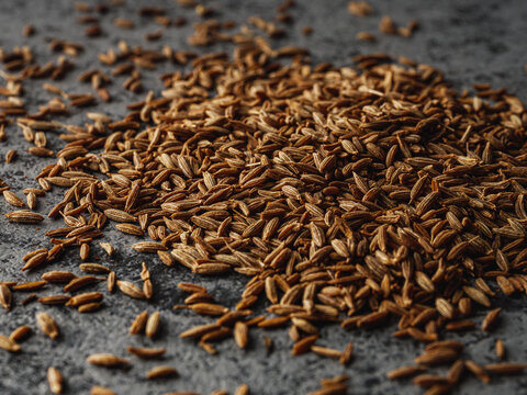 Closeup of Aromatic Cumin Seeds and Spices on a Rustic Background
