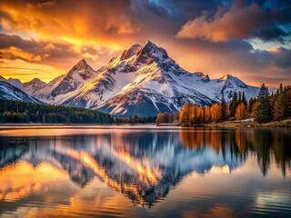 Scenic Sunset Reflection of Snowy Mountain on Tranquil Lake