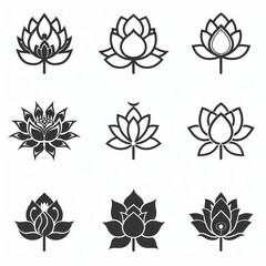 Collection of intricate lotus flower designs featuring various styles and shapes on a simple background