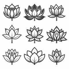 Nine elegant lotus flower illustrations showcasing diverse designs and styles in black and white, ideal for art and design inspiration
