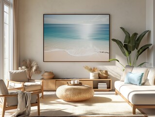 Cozy seaside living room with panoramic ocean view art and neutral decor in a modern home setting during daylight