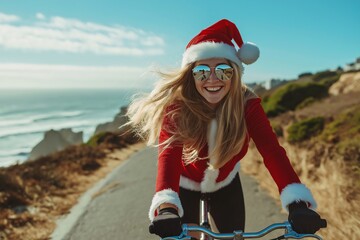 Obraz premium Blonde woman wearing a santa claus costume, sunglasses, and gloves is smiling while riding a bicycle on a coastal road