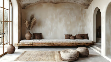 Minimalist interior featuring natural materials and earthy tones.