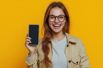 Naklejka premium Woman celebrating business success while holding a smartphone against a bright yellow background