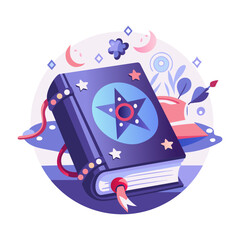 A flat illustration of haunted witch with bats 