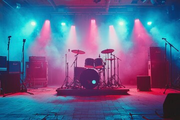 Drum Set on a Stage Under Pink and Blue Lighting