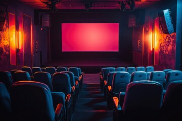 Obraz premium Empty Theater Seats with a Red Screen in a Dimly Lit Room