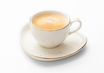 Luxury porcelain cup with saucer of fresh creamy coffee on white background.