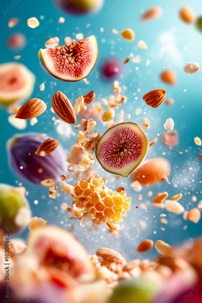 Poster tiny honey cakes featuring sliced figs and almonds are beautifully scattered against a bright backgr
