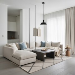 Modern living room with a sectional sofa, a coffee table, a rug, and curtains.