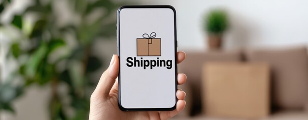 Hand holding smartphone displaying shipping service on screen, white background.