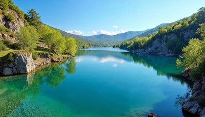 Fototapeta premium Serene Mountain Lake With Lush Green Trees and Clear Blue Sky