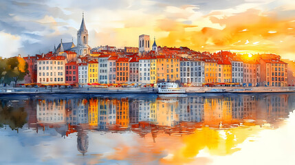 Naklejka premium Vibrant watercolor landscape of a city at sunset by the river.