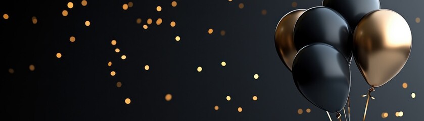 Stylish black and gold balloons on a dark background with festive bokeh lights.