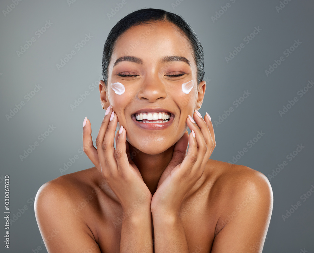 Sticker Woman, face and creme with beauty in studio for collagen treatment, skin hydration and skincare. Mockup, happy and cream cosmetics product with hyaluronic acid, retinol or wellness on gray background