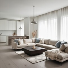 Modern living room with a large sectional sofa, a coffee table, and a rug. The room is decorated in a minimalist style with white walls, light wood floors, 