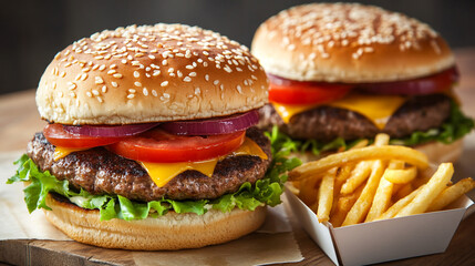 Delicious Cheeseburger with Crispy French Fries   Fast Food Meal Photo