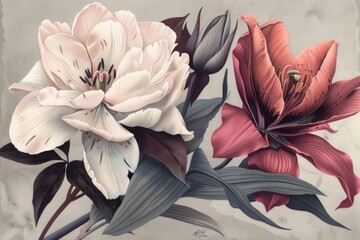 Obraz premium Beautiful lilies and peonies elegantly arranged against a soft gray background showcasing intricate details of each flower