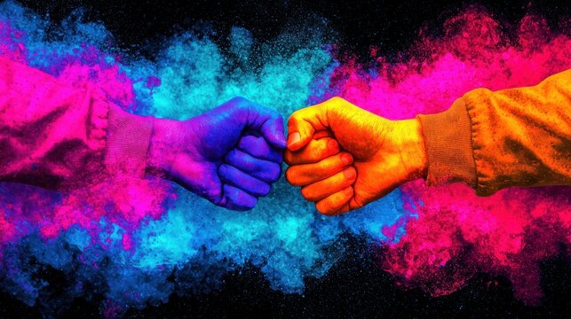 Vibrant fist bump symbolizing unity and friendship, surrounded by colorful dust and dynamic energy in a striking, artistic display.