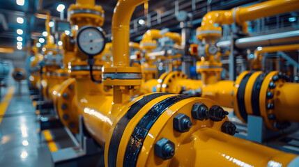 Fototapeta premium Yellow Pipes and Valves in Gas Plant on transparent, Energy Network Yellow Valves and Pipes in Industry, Yellow Pipes and Valves in Gas Operations.