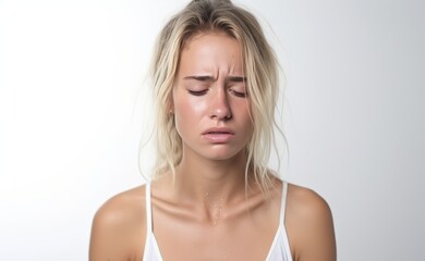 Fototapeta premium Sad crying Caucasian young woman portrait on white background. Portrait of stressed lady posing in studio. Unhappy girl crying indoors. Young female feeling sad emotions, bulling, domestic violence